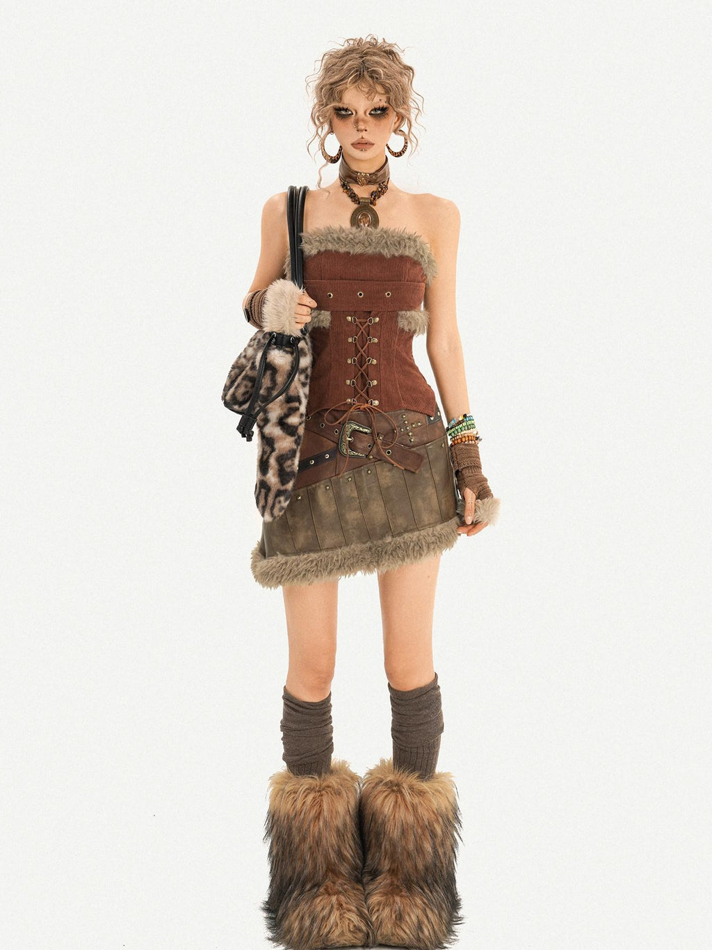 Nico Molly Beaded Vintage Patchwork A Line Mid Waist Lined Brown Women Top & Skirt Sets