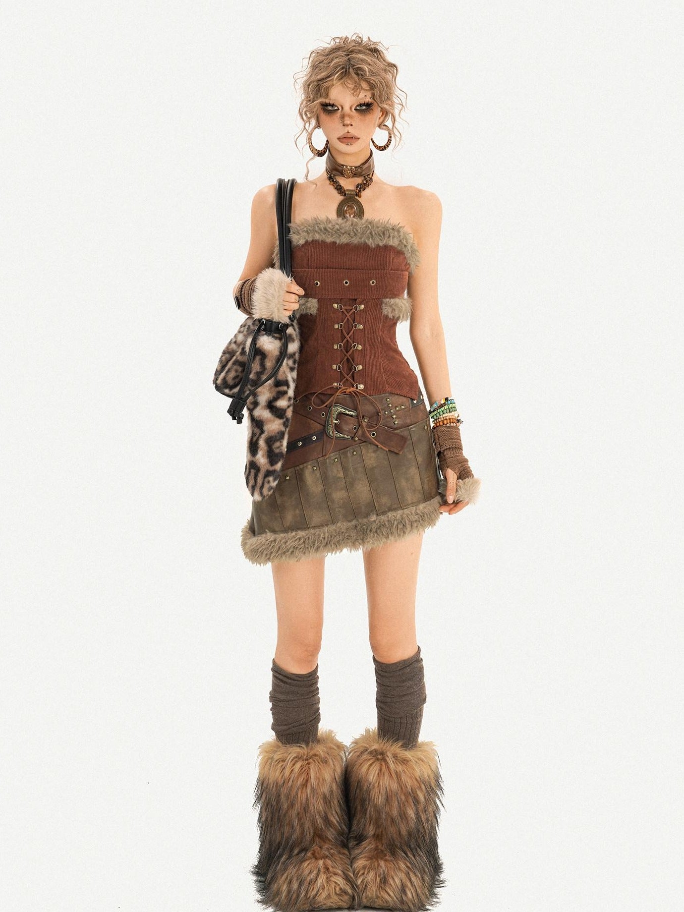 Nico Molly Beaded Vintage Patchwork A Line Mid Waist Lined Brown Women Top & Skirt Sets