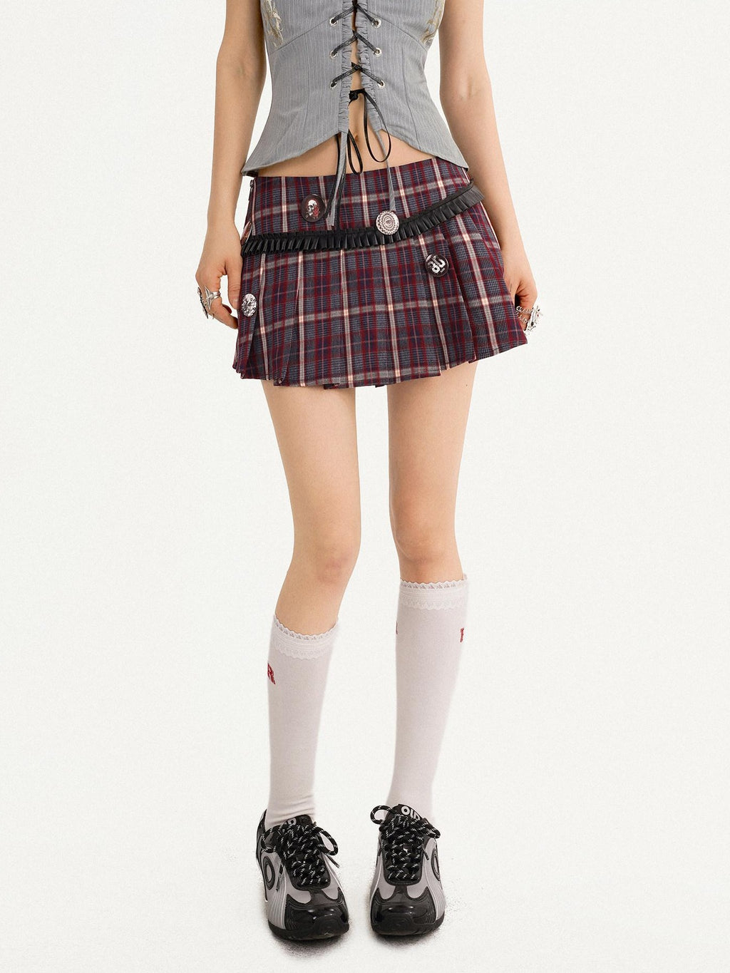 Nico Molly Lined Burgundy Pleated Low Waist Slim Fit Women Schoolgirl Chic Mini Skirts