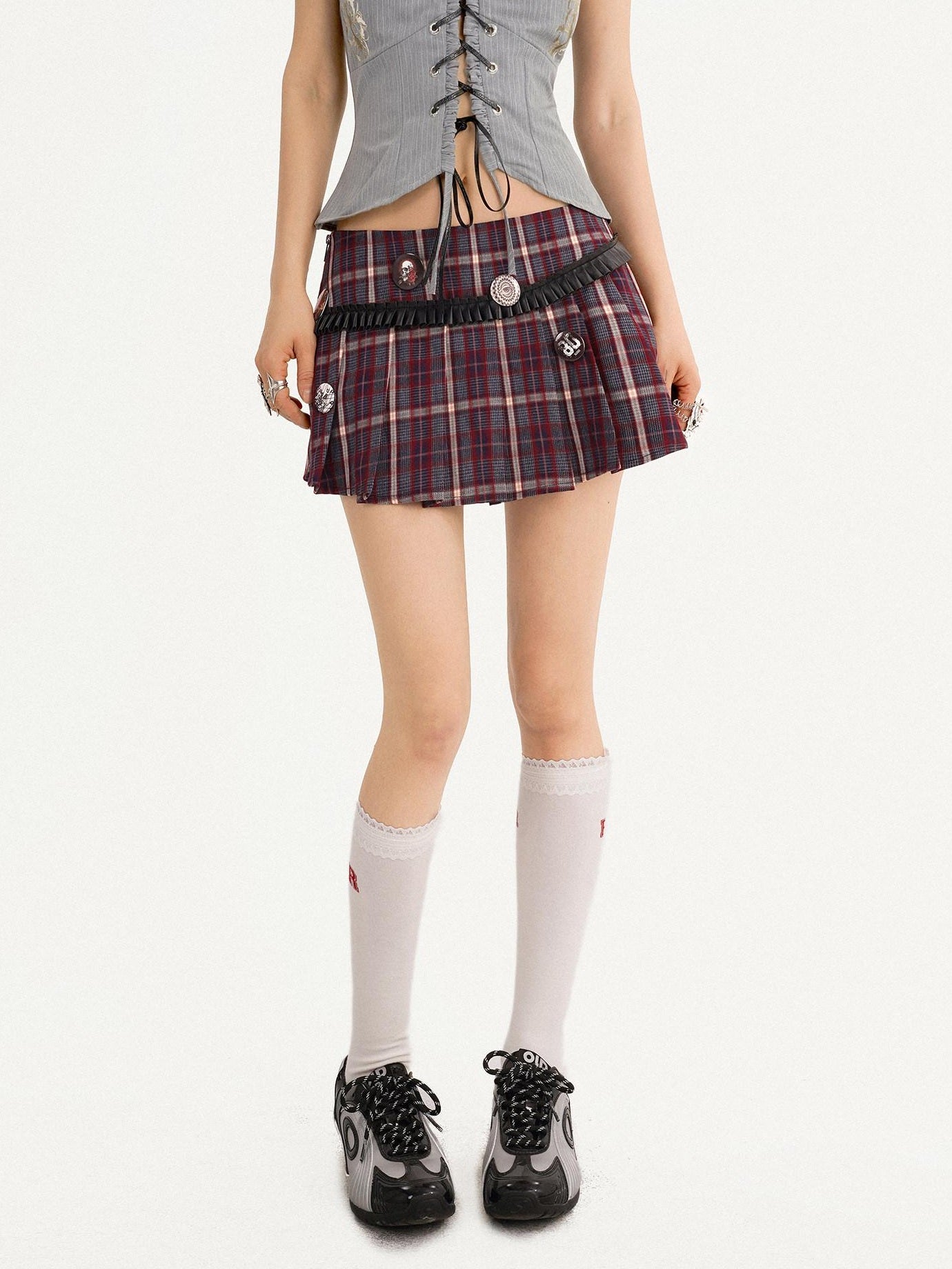 Nico Molly Lined Burgundy Pleated Low Waist Slim Fit Women Schoolgirl Chic Mini Skirts