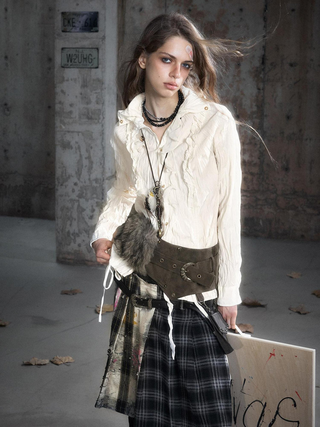 Cest Nous Punk Ruffle Check Straight Cardigan Long Sleeve Womens Casual Polyester Blouses