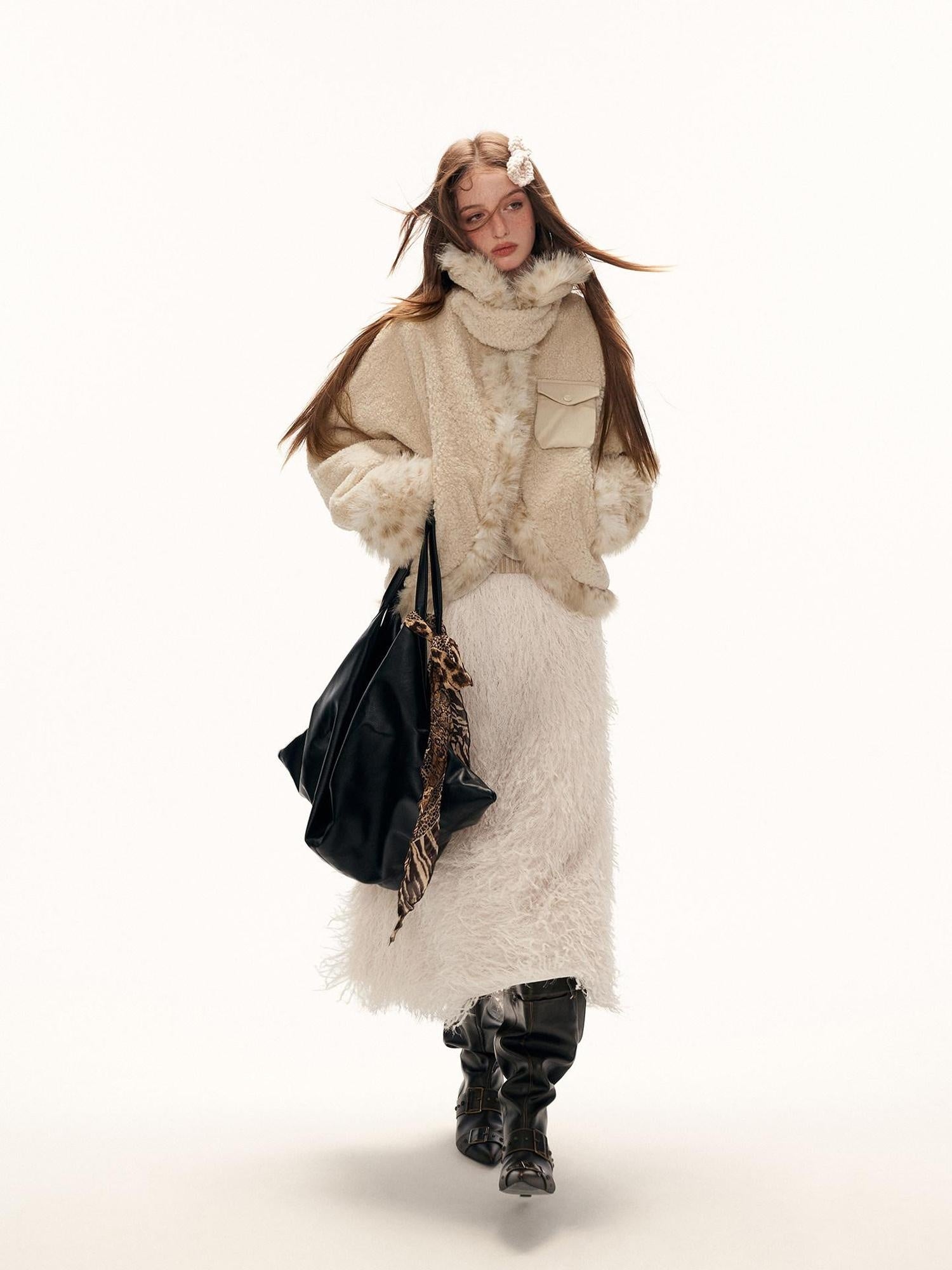 MAMC Soft Oversized Batwing Sleeves Faux Fur Collar Cropped Beige Polyester Jackets