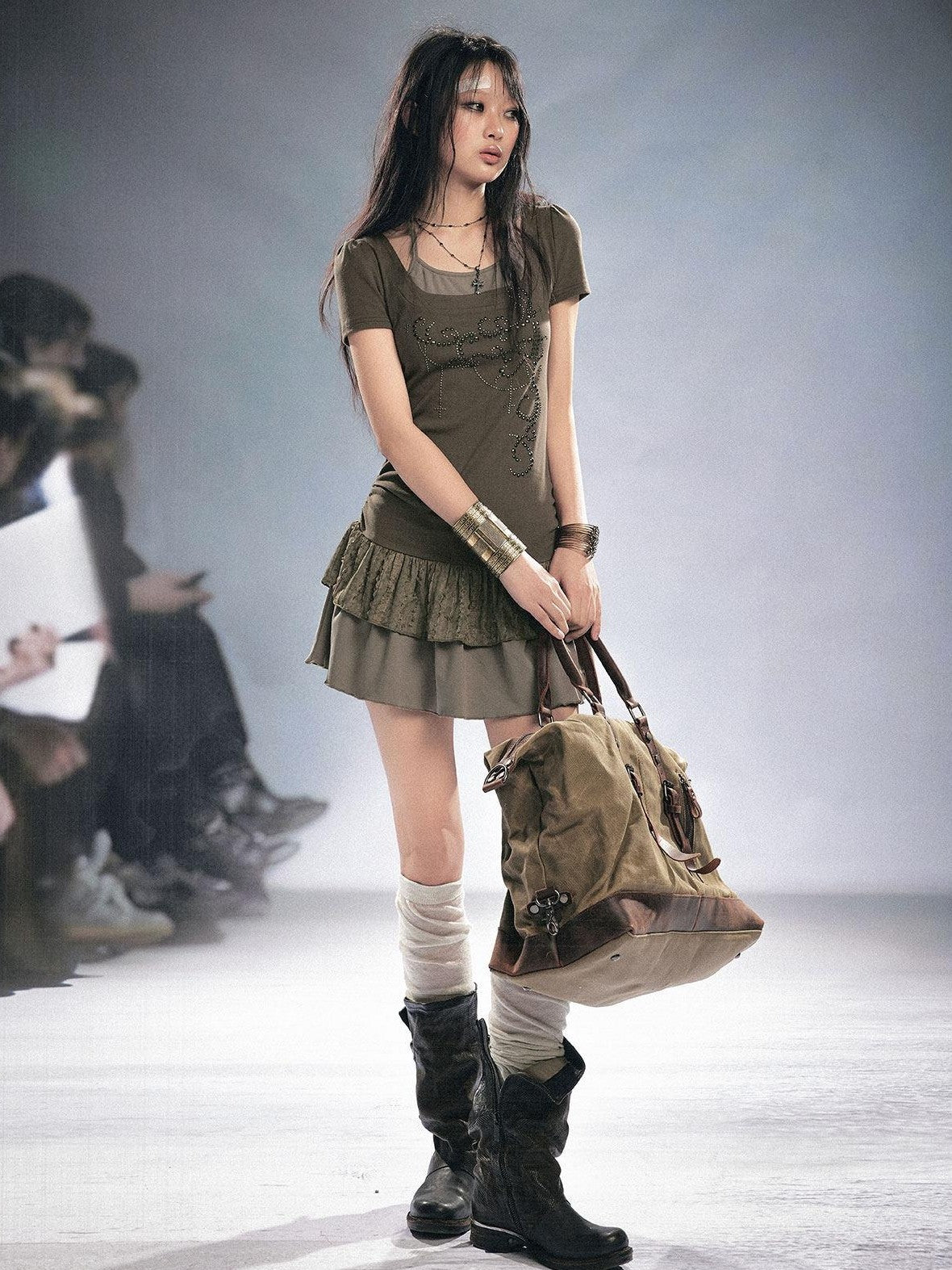Cest Nous Rhinestone Patchwork Faux Two Piece Short Sleeve Women Sage Green Minidresses