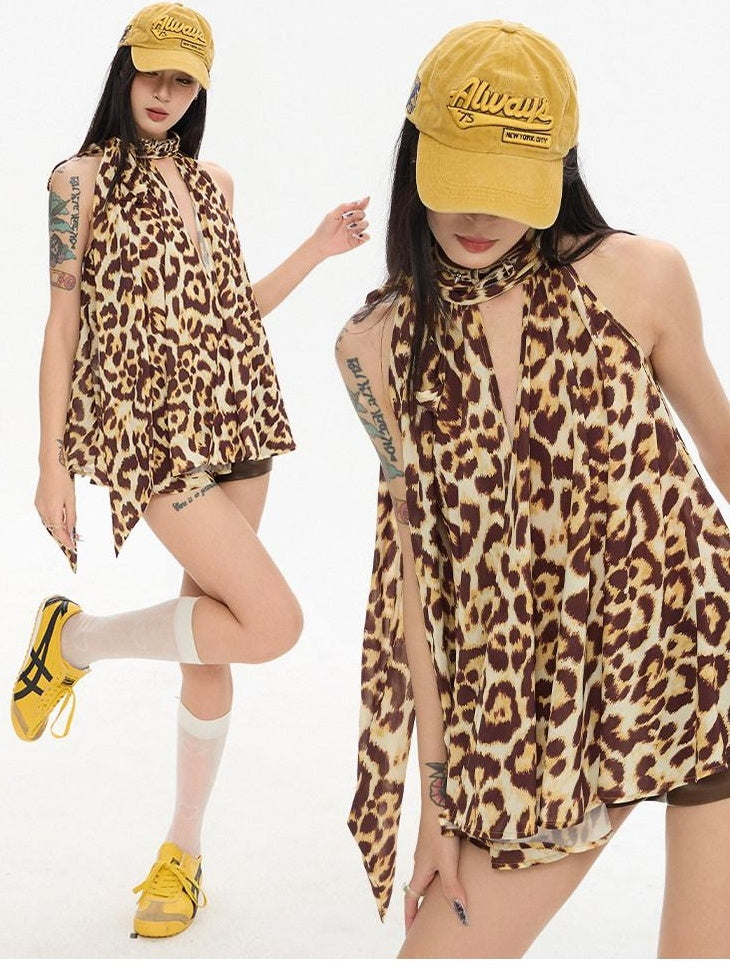 ZERO Lightweight Chiffon Leopard Print Loose Streetwear Women Halter Crop Tops