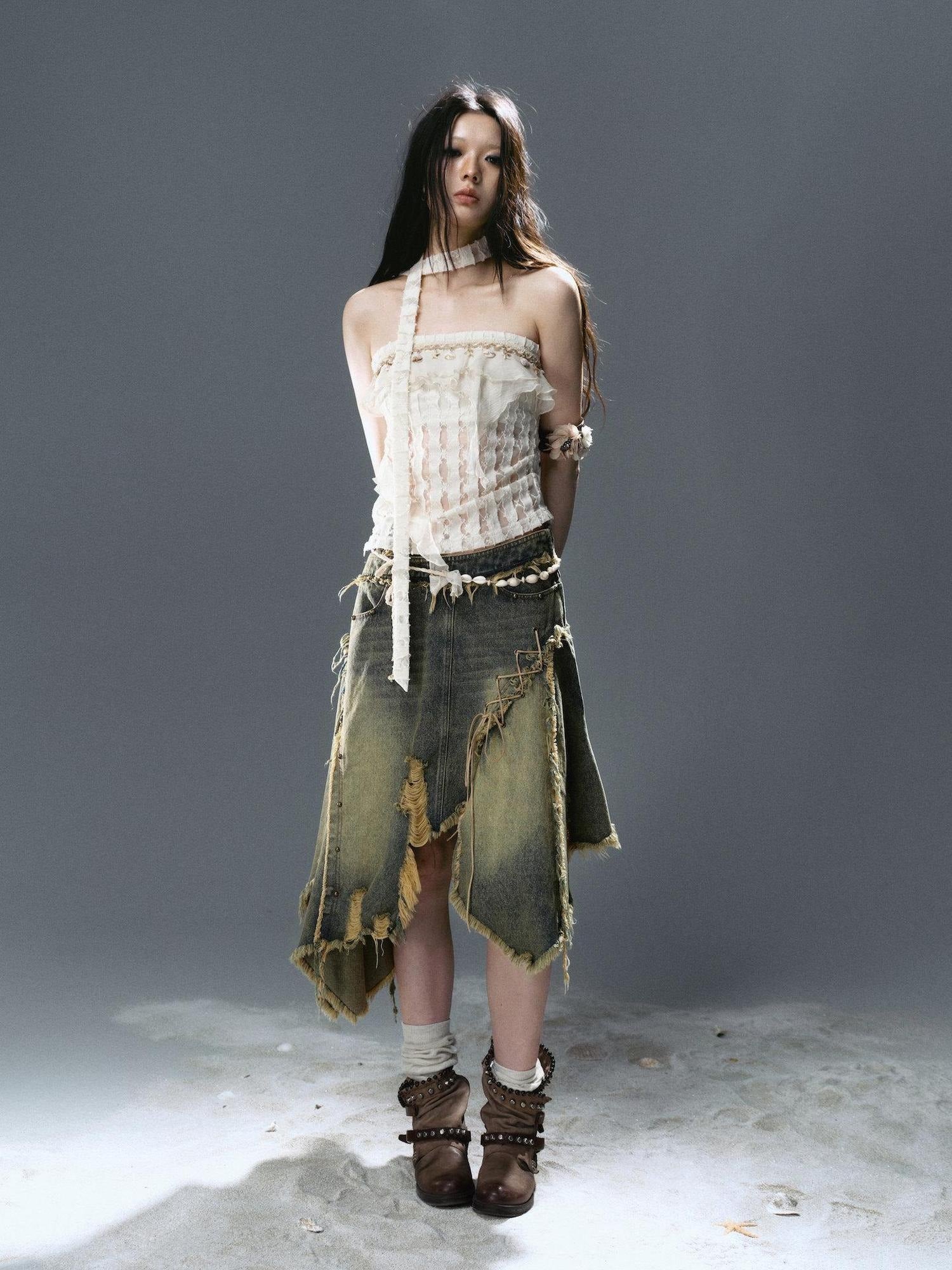 Cest Nous Distressed Cotton Blend Irregular Mid Waist A Line Street Punk Casual Mididresses