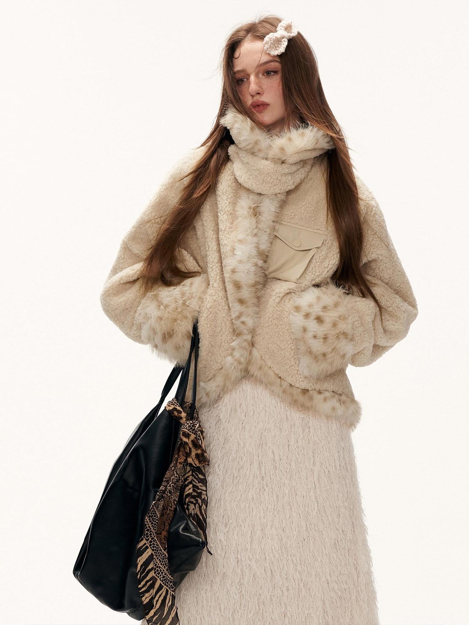 MAMC Soft Oversized Batwing Sleeves Faux Fur Collar Cropped Beige Polyester Jackets