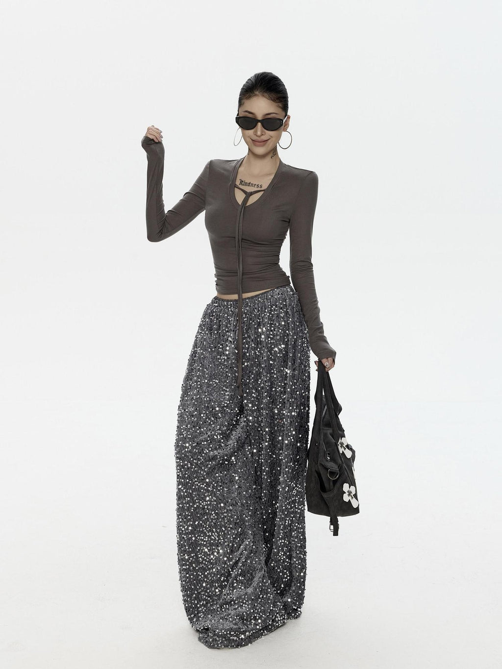 ZERO Sequin Casual Natural Waist Women Gray Polyester Stretch Wide Leg Pants