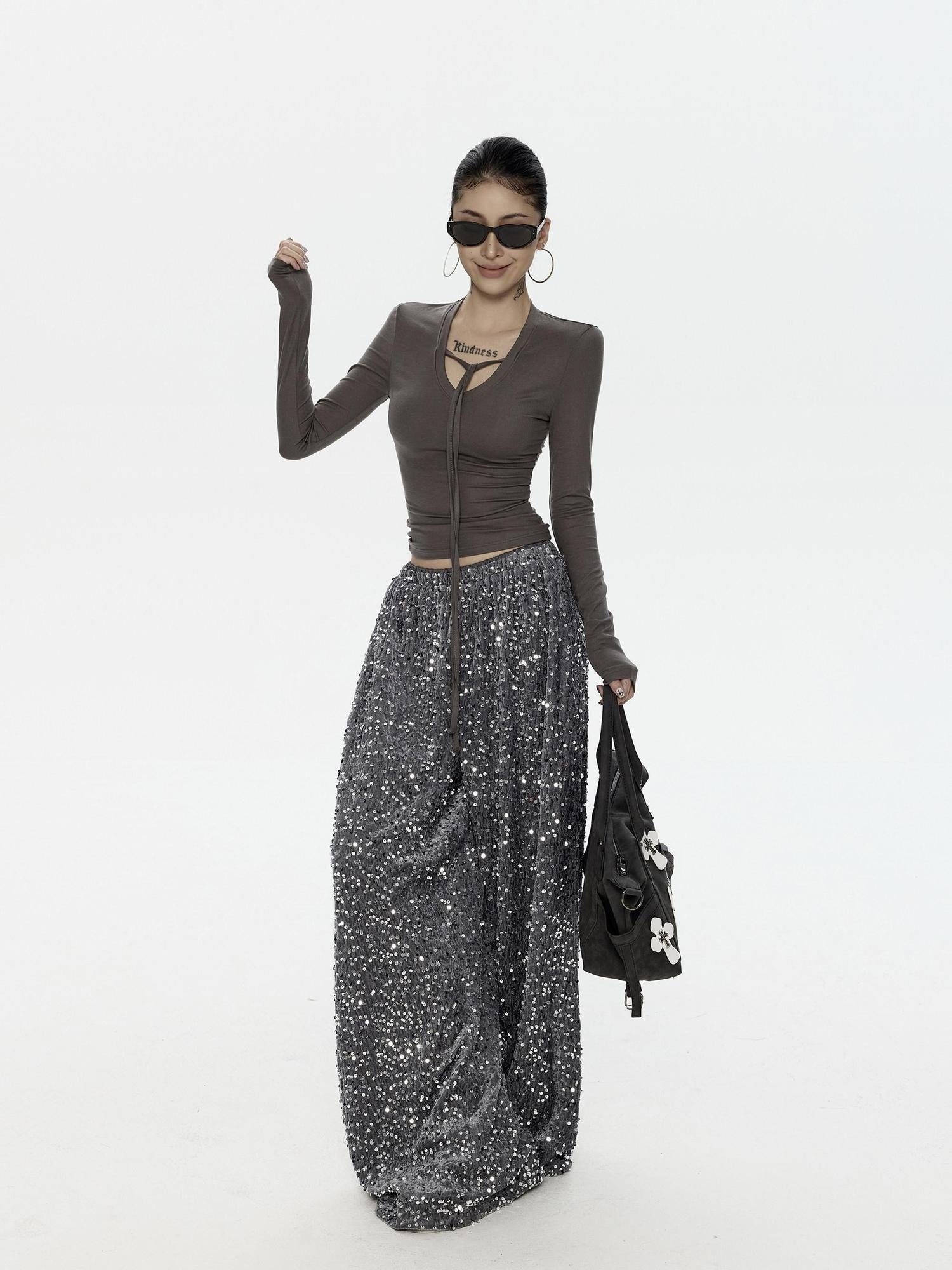 ZERO Sequin Casual Natural Waist Women Gray Polyester Stretch Wide Leg Pants