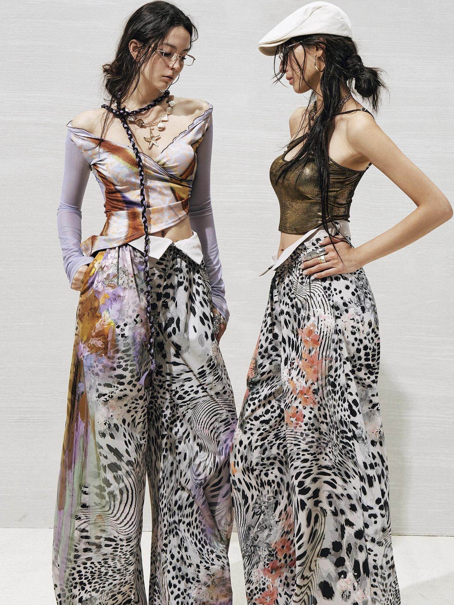 OfAkiva High Waist Leopard Print Cuffed Minimal Women Light Stretch Wide Leg Pants