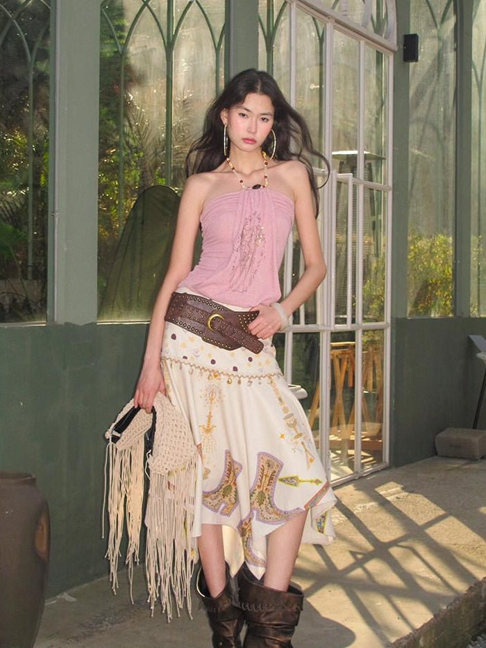 OfAkiva High Waist Asymmetrical A Line Slim Fit Printed Beige Women Maxi Skirts