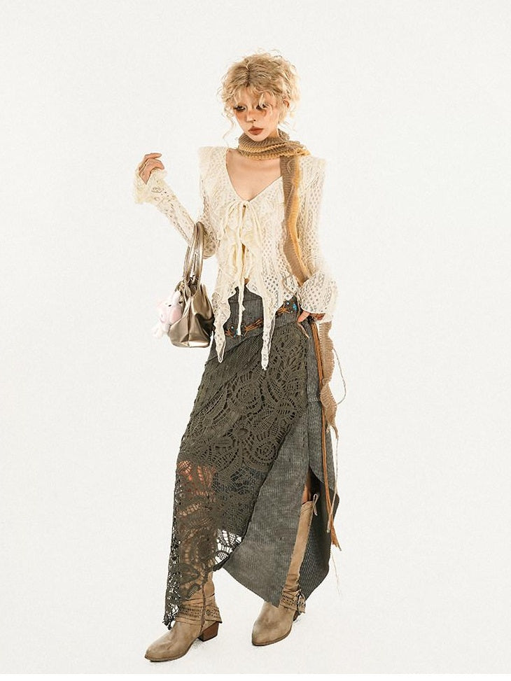 Nico Molly High Waist Asymmetrical Patchwork A Line Lined Women Casual Vintage Maxi Skirts