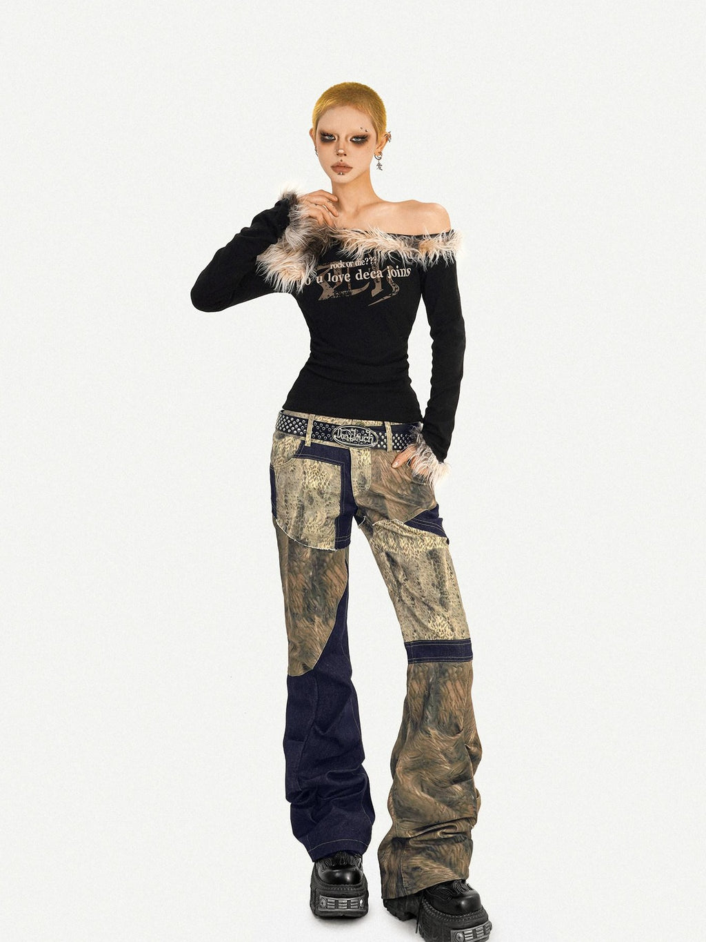 Nico Molly Vintage Slim Fit Asymmetric Neckline Patchwork Women Long Sleeve T-Shirts