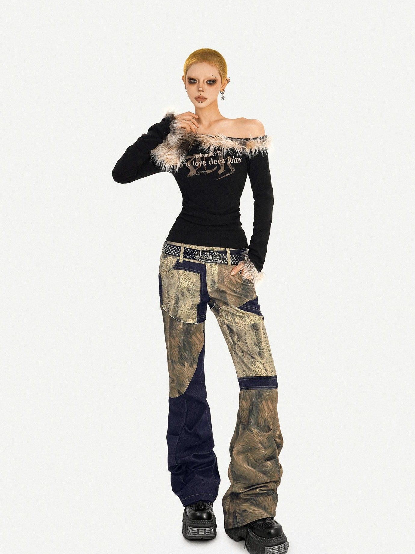 Nico Molly Vintage Slim Fit Asymmetric Neckline Patchwork Women Long Sleeve T-Shirts