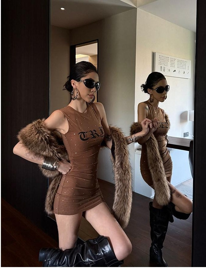 ZERO Rhinestone Stretch Street Bodycon Sleeveless Women Nylon Brown Mini Dresses