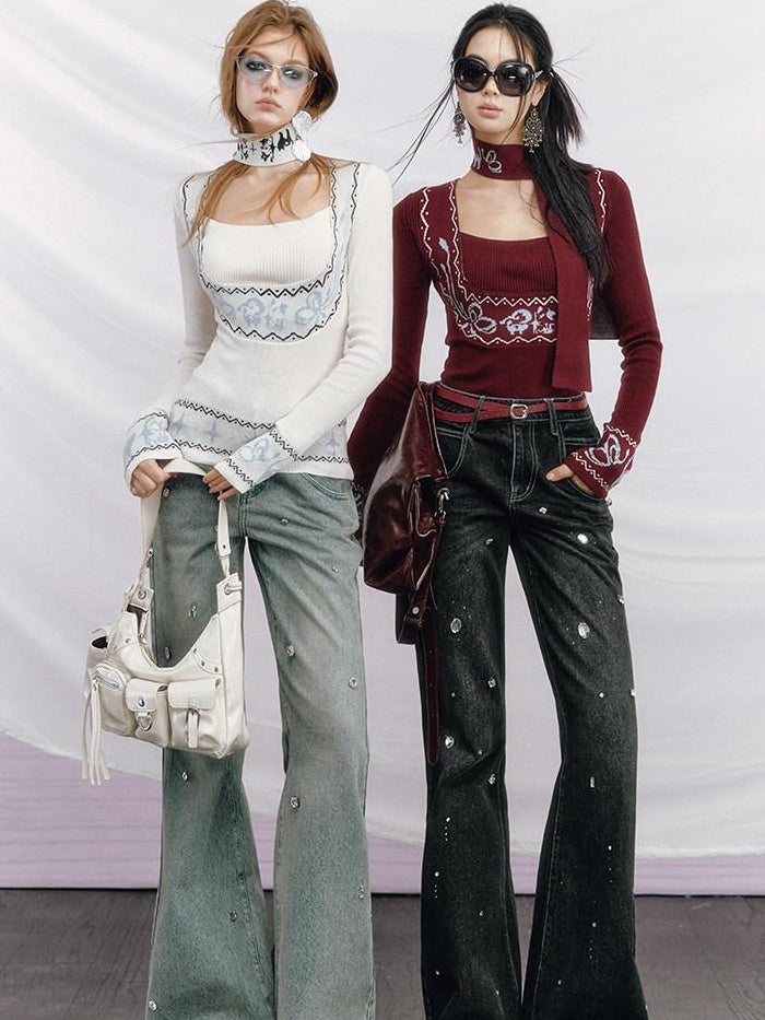 OfAkiva High Waist Distressed Beaded Vintage Micro Flare Women Everyday Flared Jeans