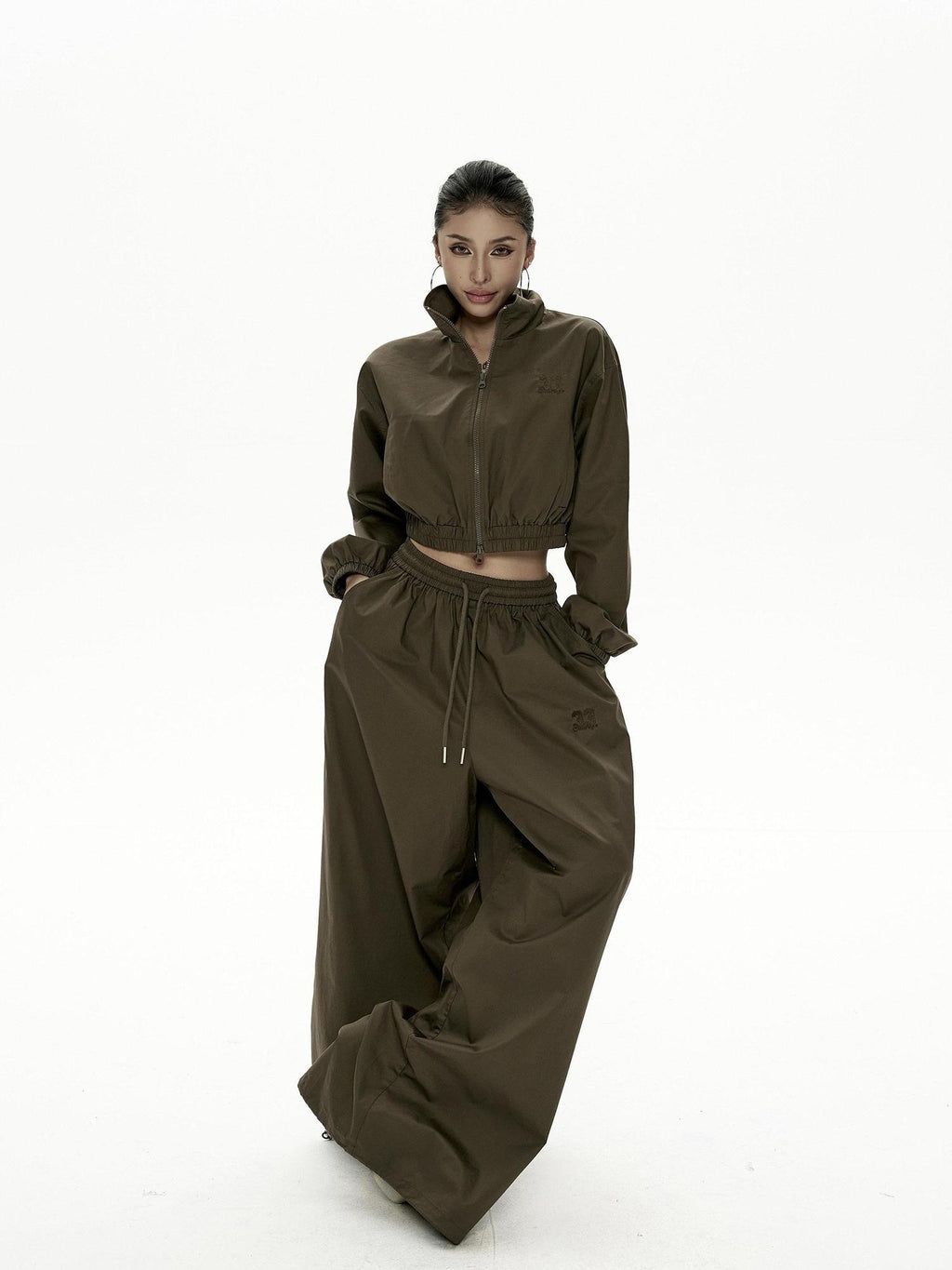 ZERO Embroidered Cotton Stand Collar Long Sleeve Casual Women Lounge Top & Pants Sets
