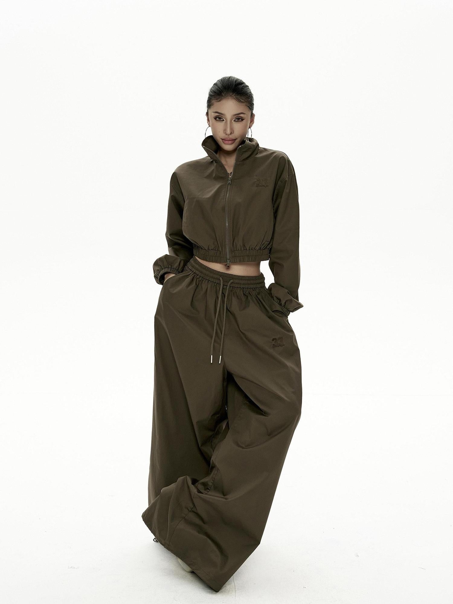 ZERO Embroidered Cotton Stand Collar Long Sleeve Casual Women Lounge Top & Pants Sets