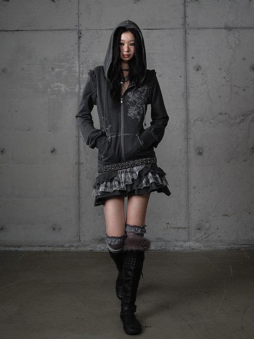 NO ROMANCE Deep Gray Y2K Printed Lace Detachable Hood Sweatshirt Women'S Mini Dresses