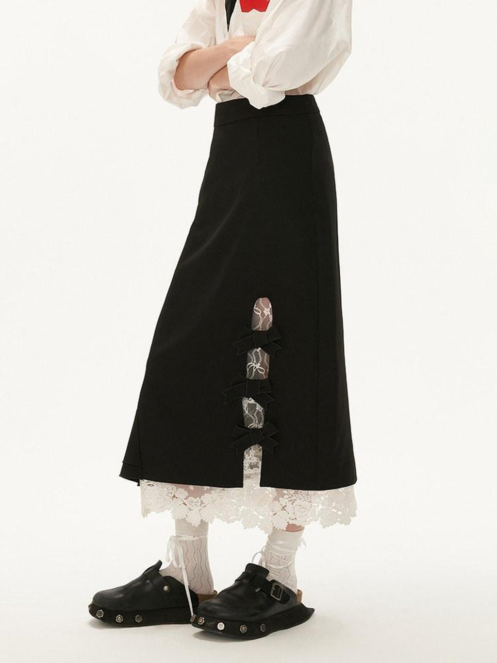 MAMC Elegant Black Flowing Mid Waist Minimalist Workwear Office Chic Midi Skirts