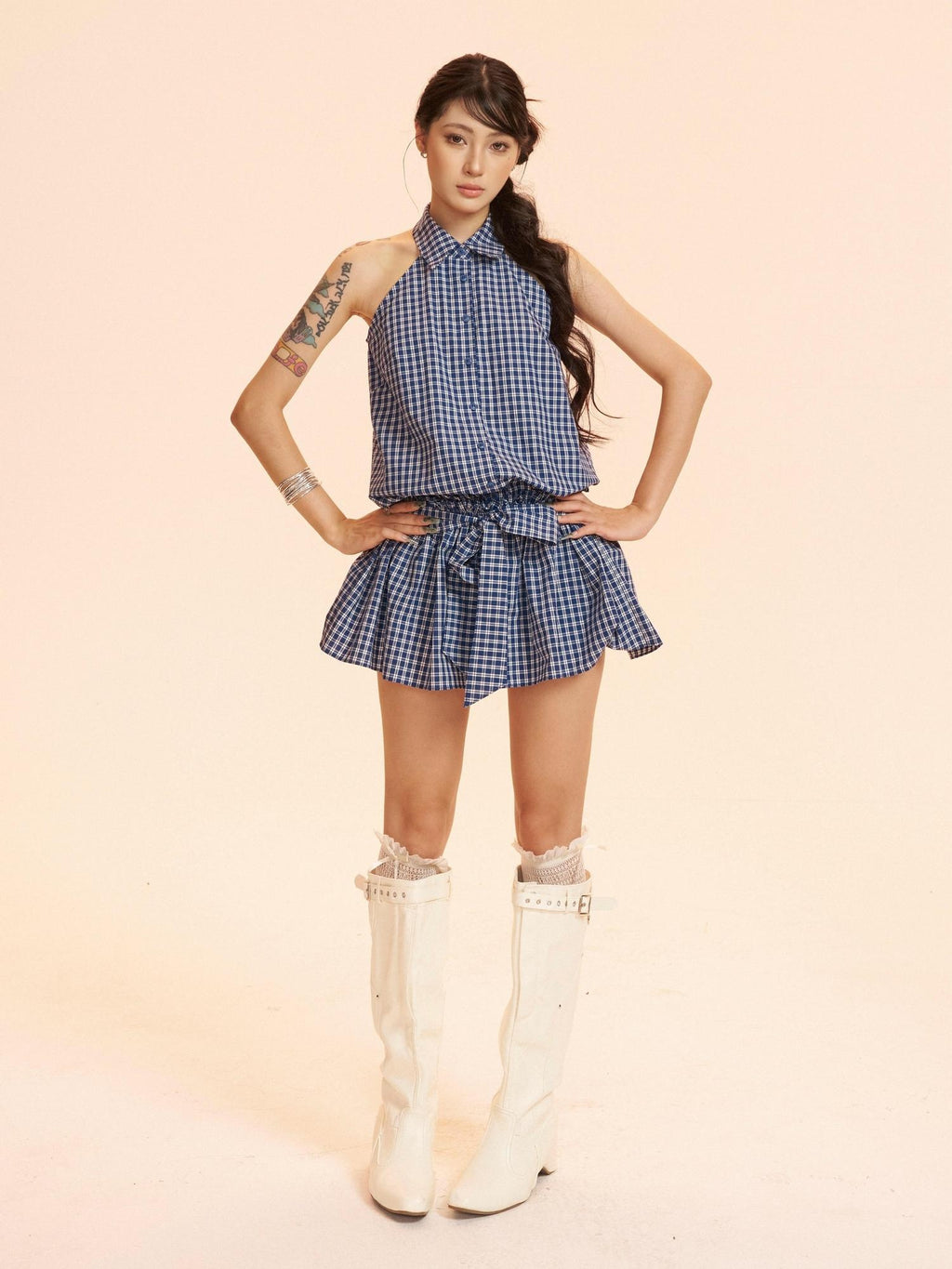 ZERO Soft Cotton Plaid Tie A Line Stand Collar Women Citywalk Mini Dresses