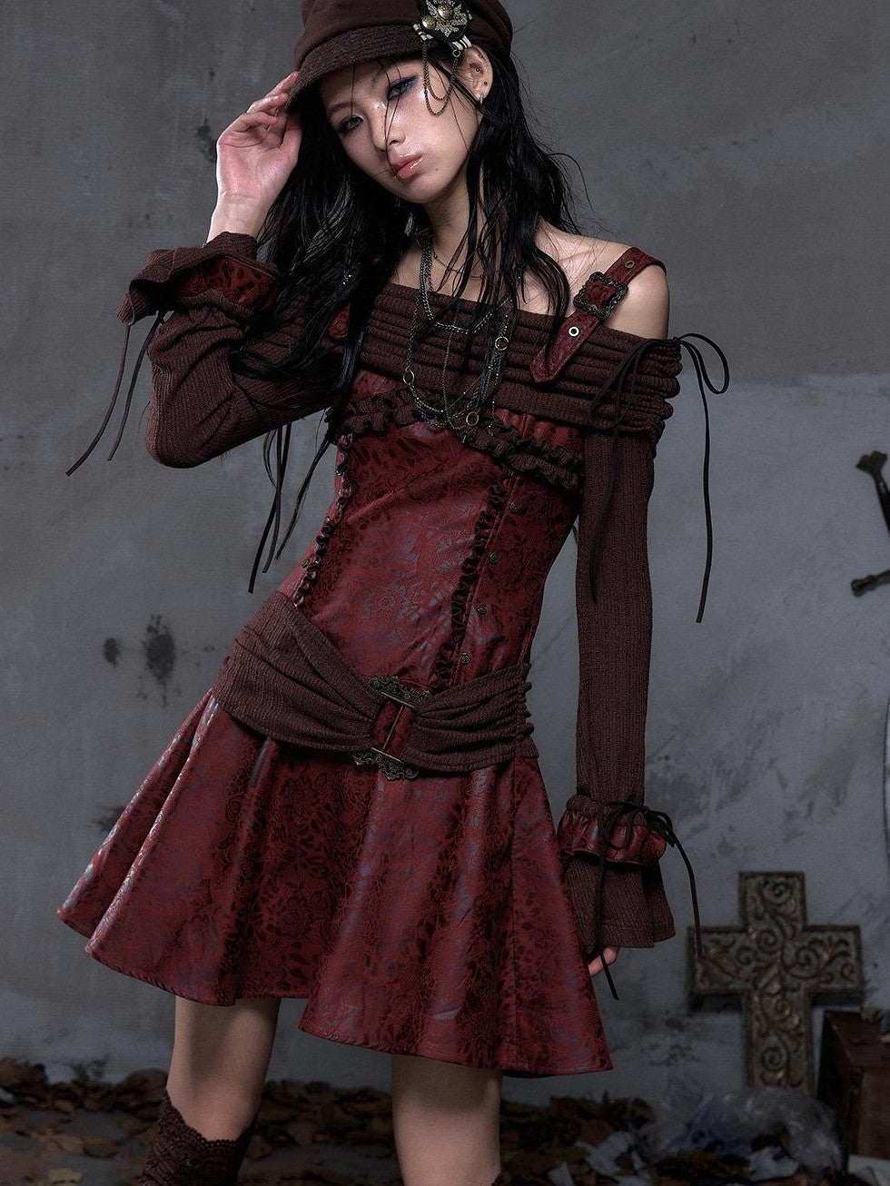 NO ROMANCE Punk Leather Trim One Shoulder Long Sleeve Aline Women'S Knit Mini Dresses