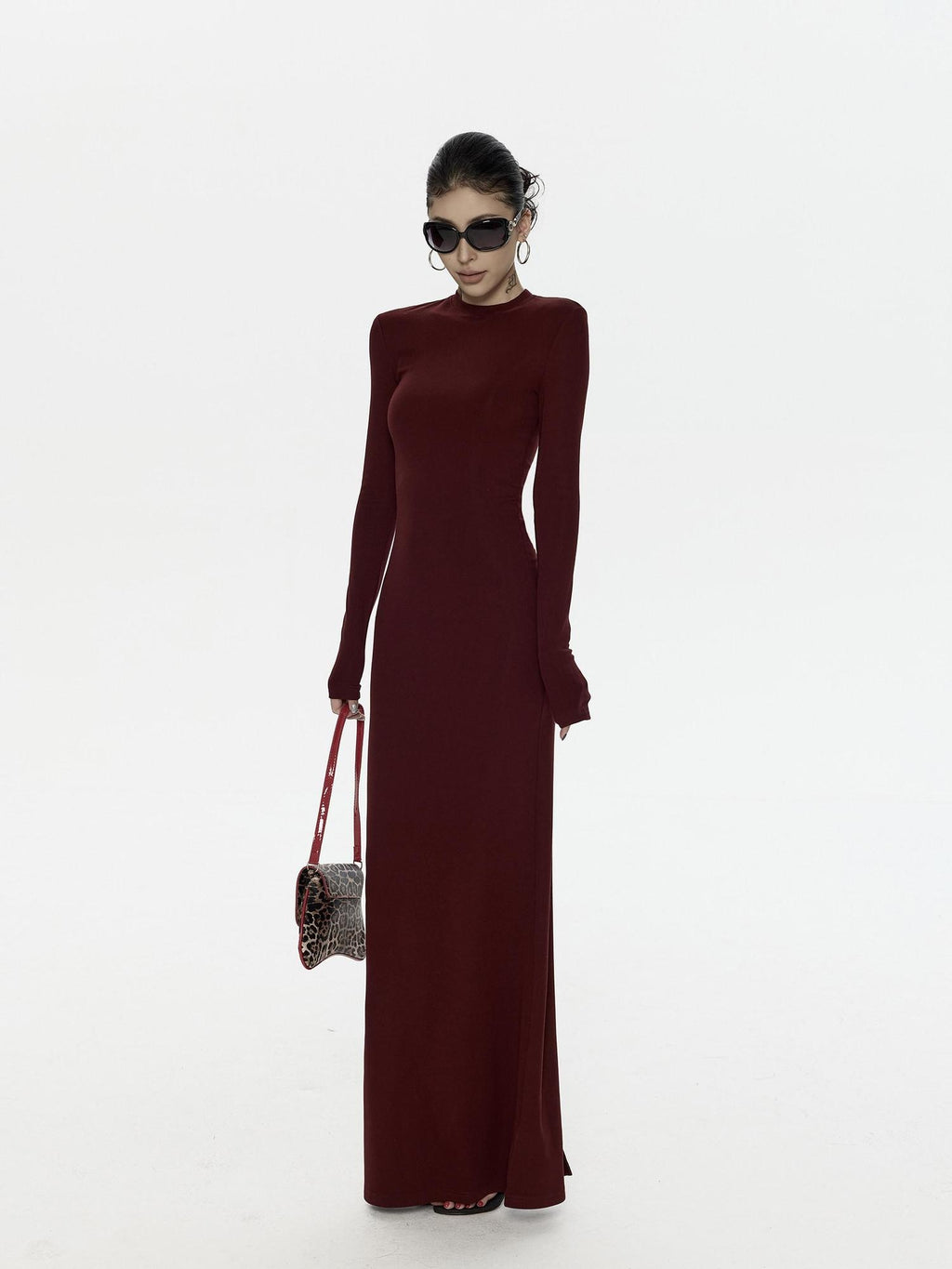 ZERO Soft Stretch Viscose T Shirt Long Sleeve Casual Deep Red Maxi Dresses