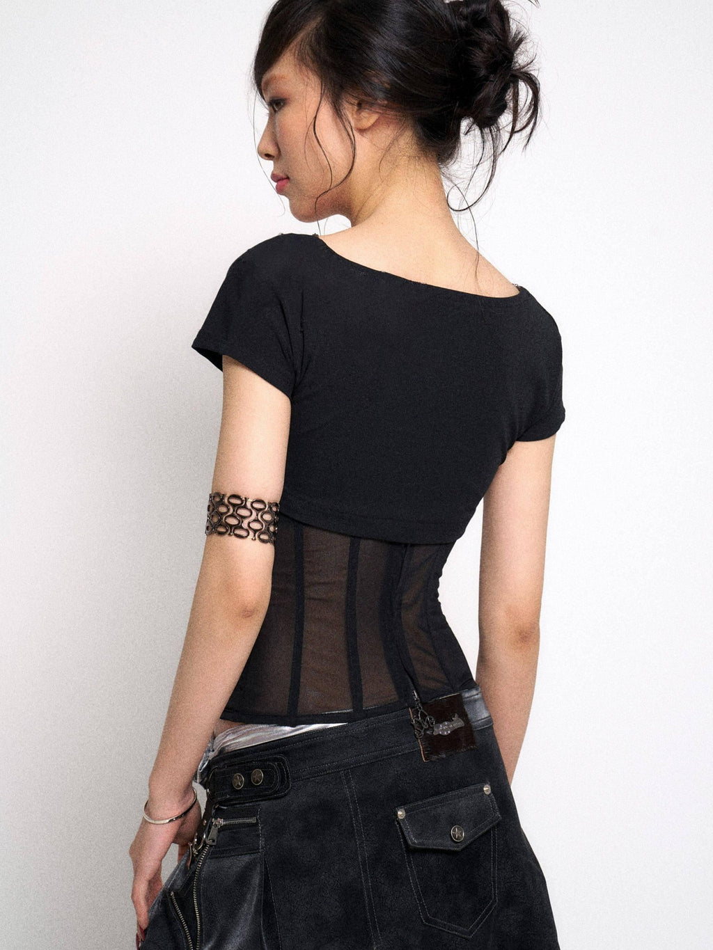 Flowers birds Market Cutout Gothic Slim Fit Solid Black Women Cotton Stretch Short Sleeve T-Shirts