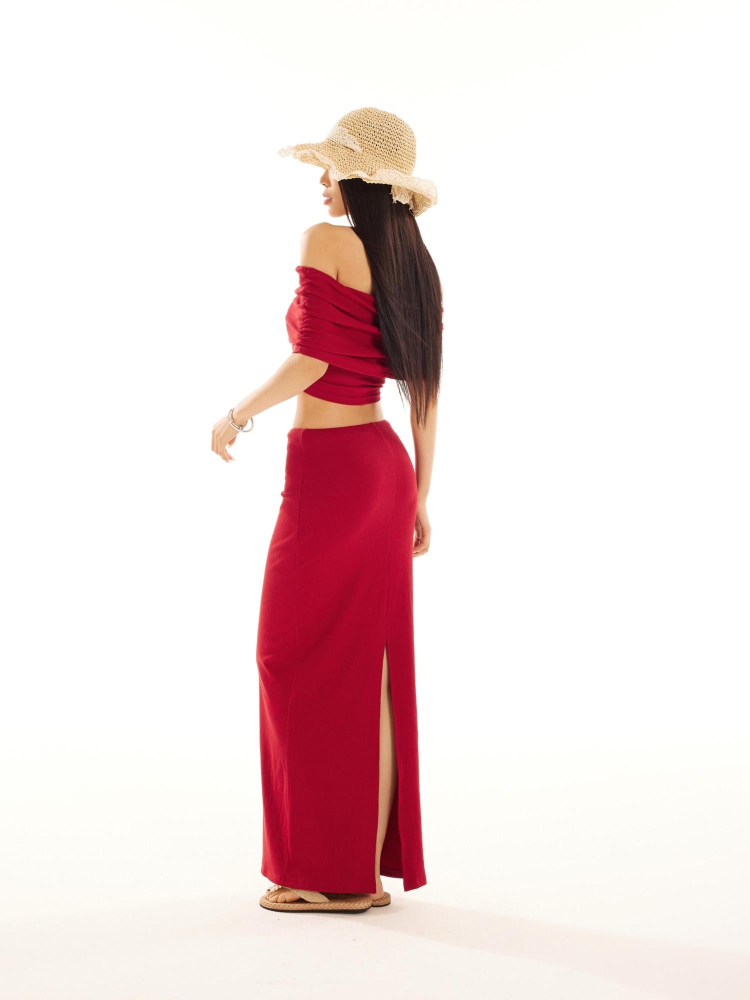 ZERO Cotton Short Sleeve Slim Fit Sexy Burgundy Black Top & Skirt Sets