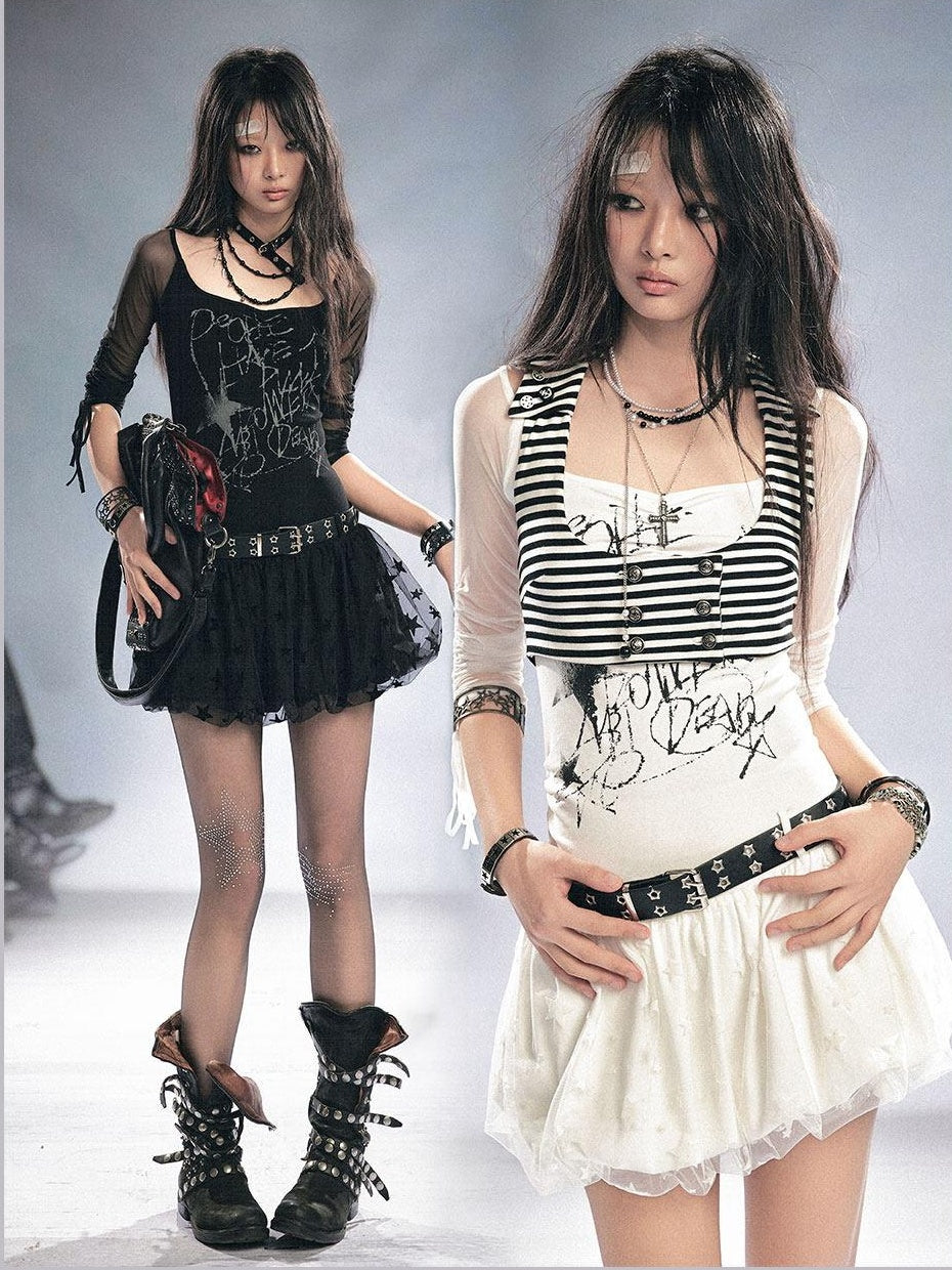 Cest Nous Printed Mesh Stretch Cotton Punk Strappy Puff Skirt Slim Fit Urban Minidresses
