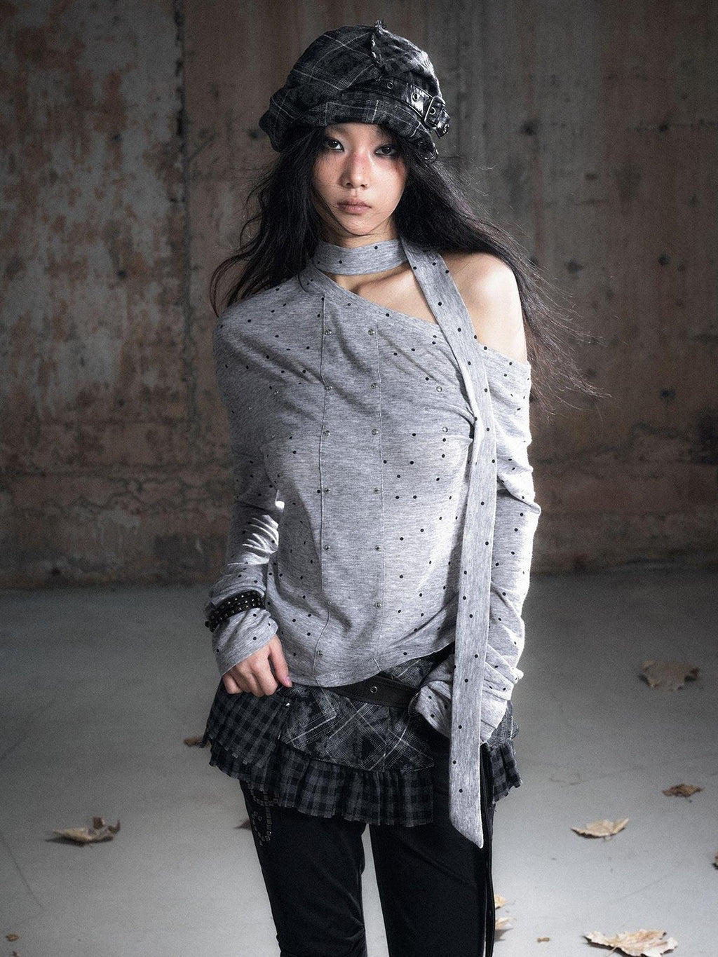 Cest Nous Punk Polka Dot Long Sleeve Asymmetric Women Poly Blend Offshouldercroptops