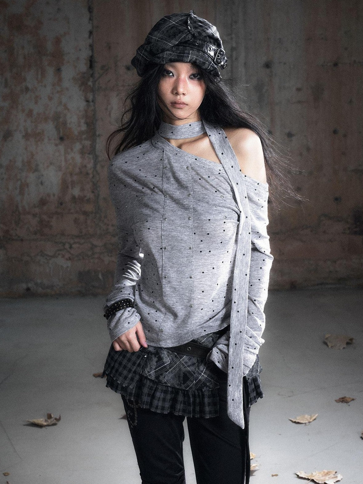 Cest Nous Punk Polka Dot Long Sleeve Asymmetric Women Poly Blend Offshouldercroptops