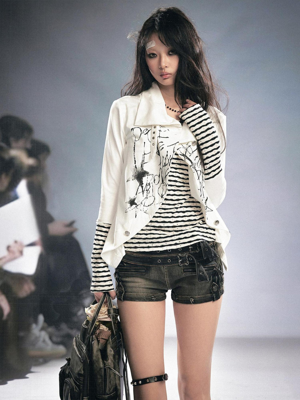 Cest Nous Stretch Cotton Punk Faux Layer Women Striped Pullover Black White Cardigans