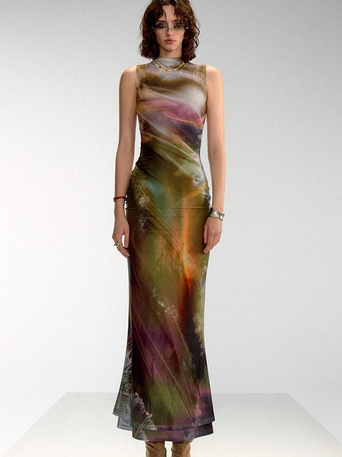 OfAkiva High Waist Mesh Poppy Print Chinese Inspired A Line Womens Maxi Dresses