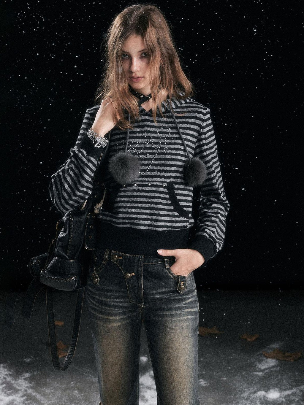 Cest Nous Acrylic Blend Loose Fit Commuter Pullover Women Striped Black Gray Hooded Hoodie
