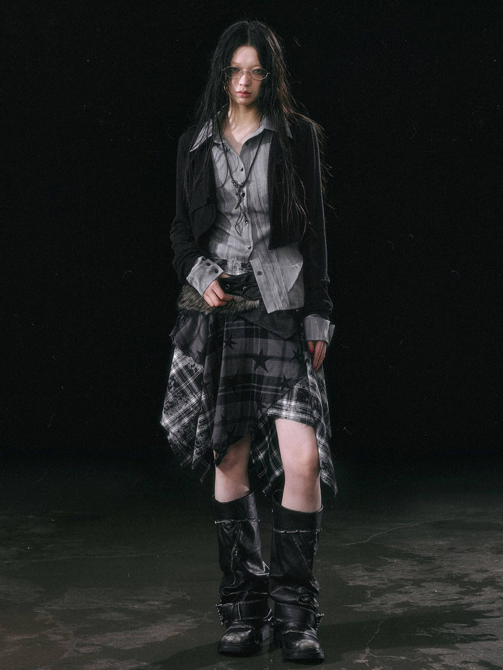 Cest Nous Patchwork Asymmetrical Punk Plaid A Line Mid Waist Women Cotton Midiskirts