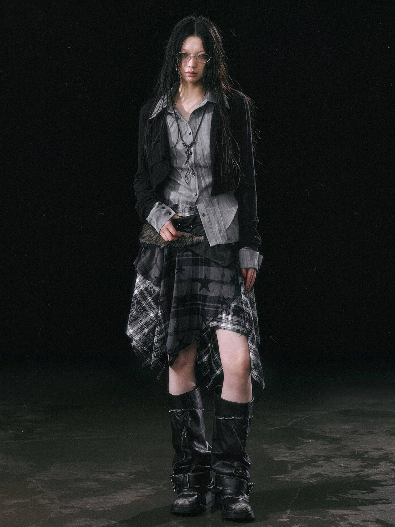 Cest Nous Patchwork Asymmetrical Punk Plaid A Line Mid Waist Women Cotton Midiskirts