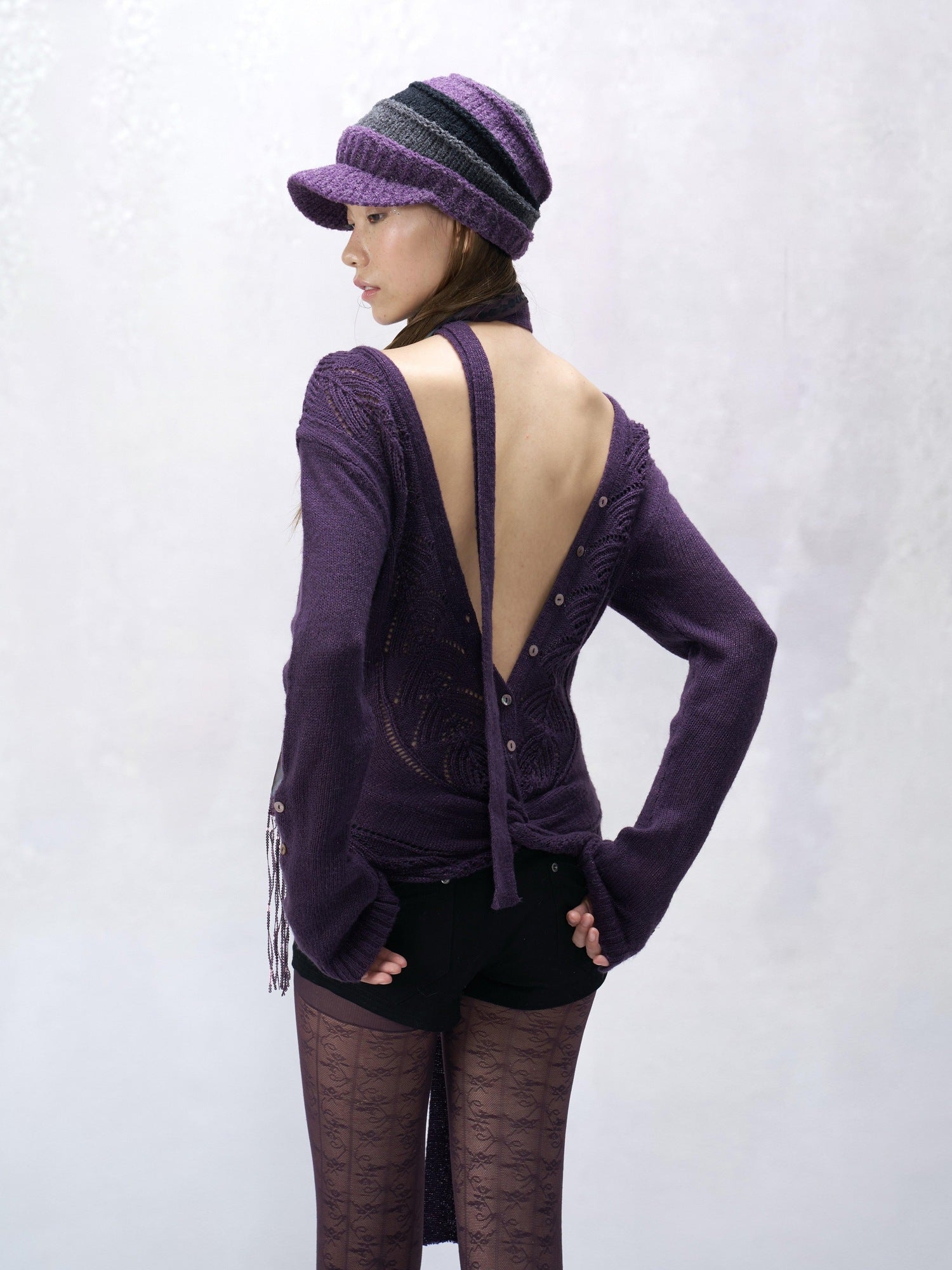 Flowers birds Market Backless V-neck Slim Fit Striped Women Cotton Knit Longsleeve Cardigans