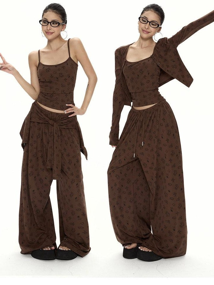 ZERO Soft Blend Printed 3Pc Casual Cardigan Vest Pants Top & Pants Sets
