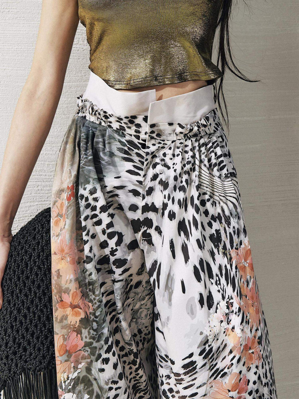 OfAkiva High Waist Leopard Print Cuffed Minimal Women Light Stretch Wide Leg Pants