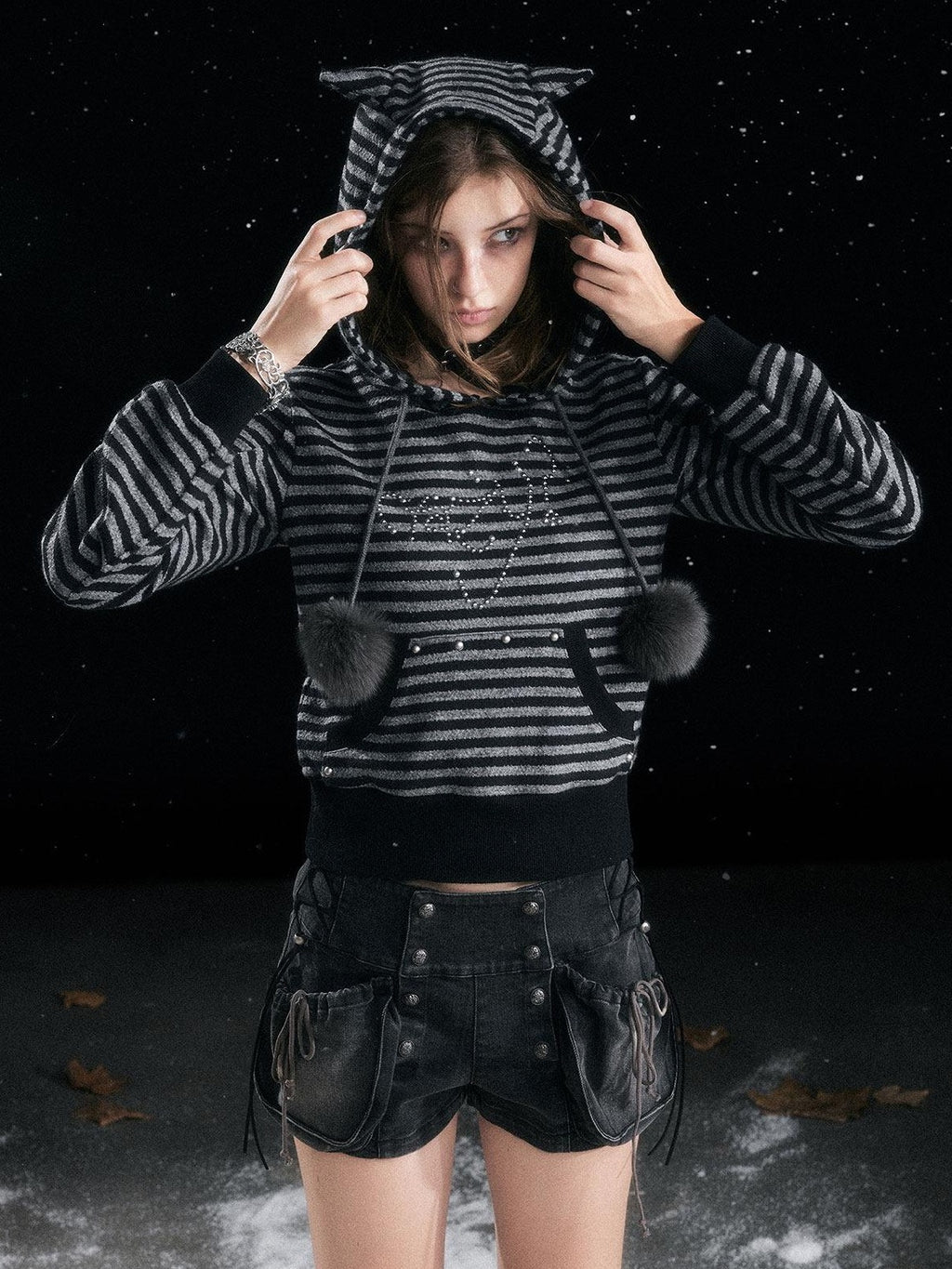 Cest Nous Acrylic Blend Loose Fit Commuter Pullover Women Striped Black Gray Hooded Hoodie