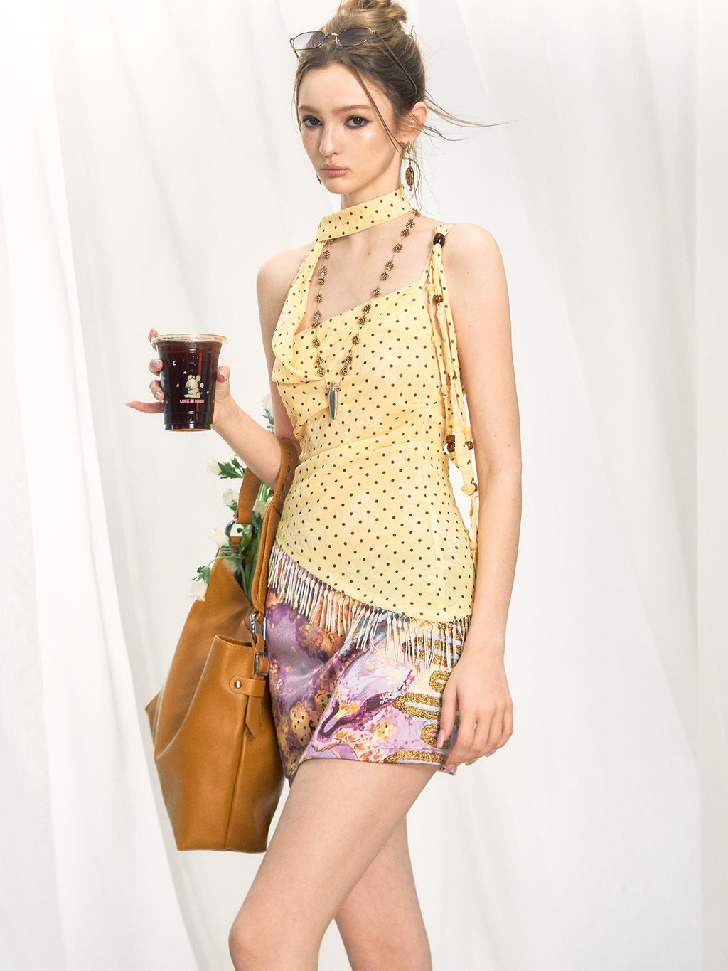 OfAkiva Asymmetrical Fringe Collared Fitted Cropped Polka Dot Women Camisoles