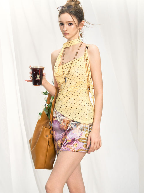 OfAkiva Asymmetrical Fringe Collared Fitted Cropped Polka Dot Women Camisoles