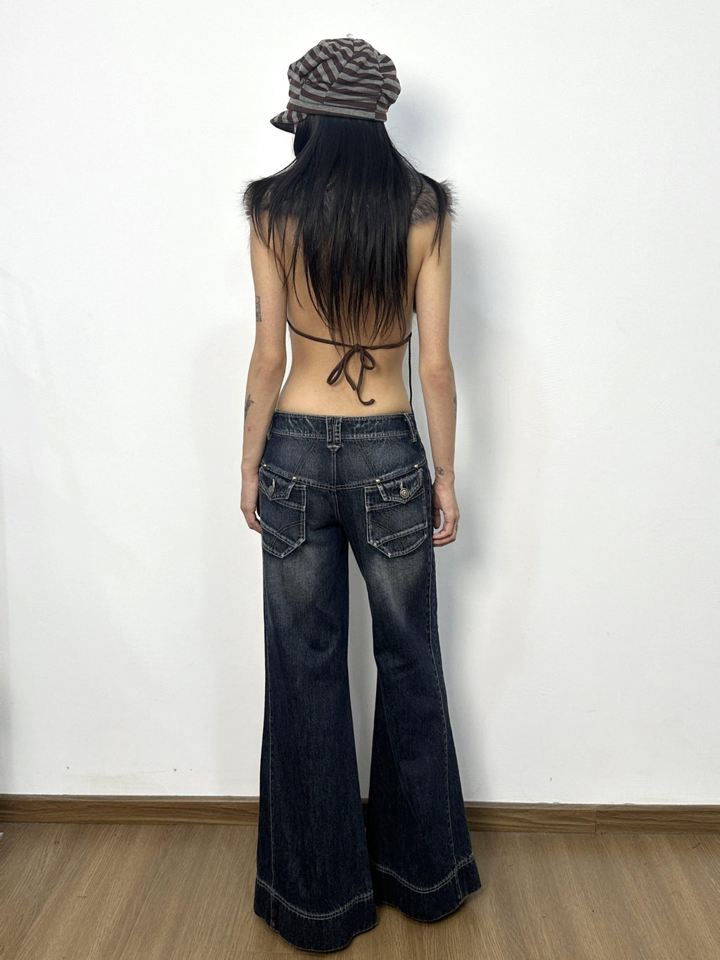 Flowers birds Market Washed Blue Distressed Natural Waist Pockets Button Fly Women Wide-Leg Jeans