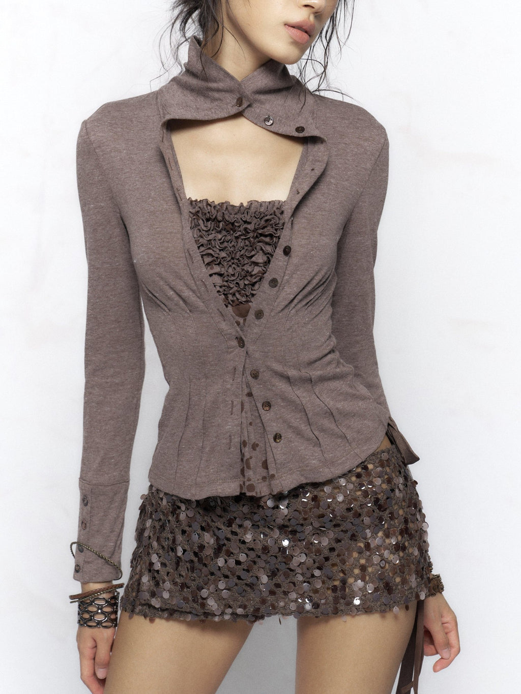 Flowers birds Market Shimmer Sequin Slim Fit Micro Stretch Natural Waist Women Brown Denim Shorts