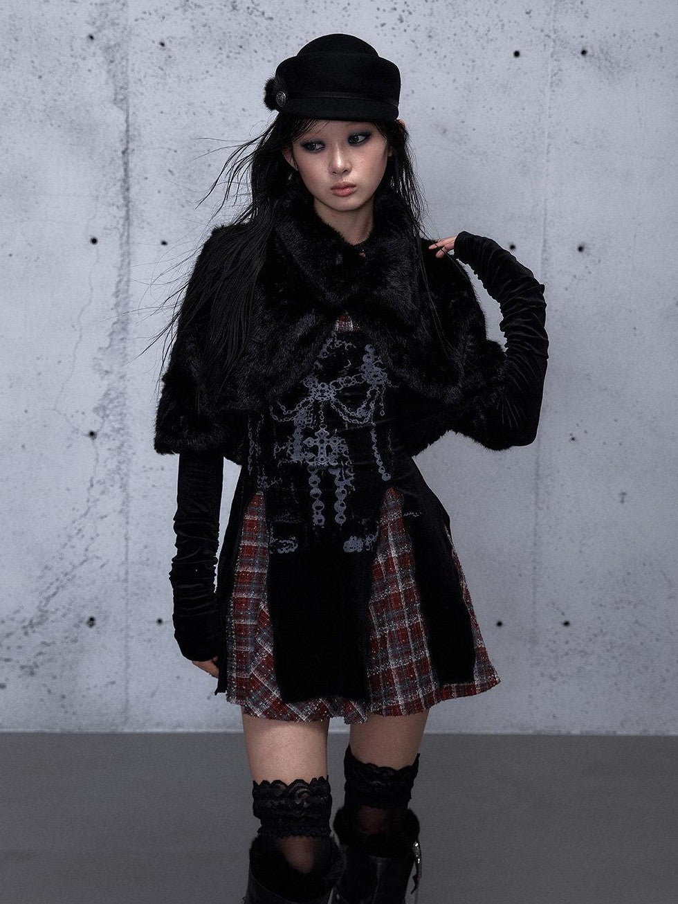 NO ROMANCE Baroque Plaid Polka Dot Square Neck Puff Sleeve Women'S Velvet Mini Dresses