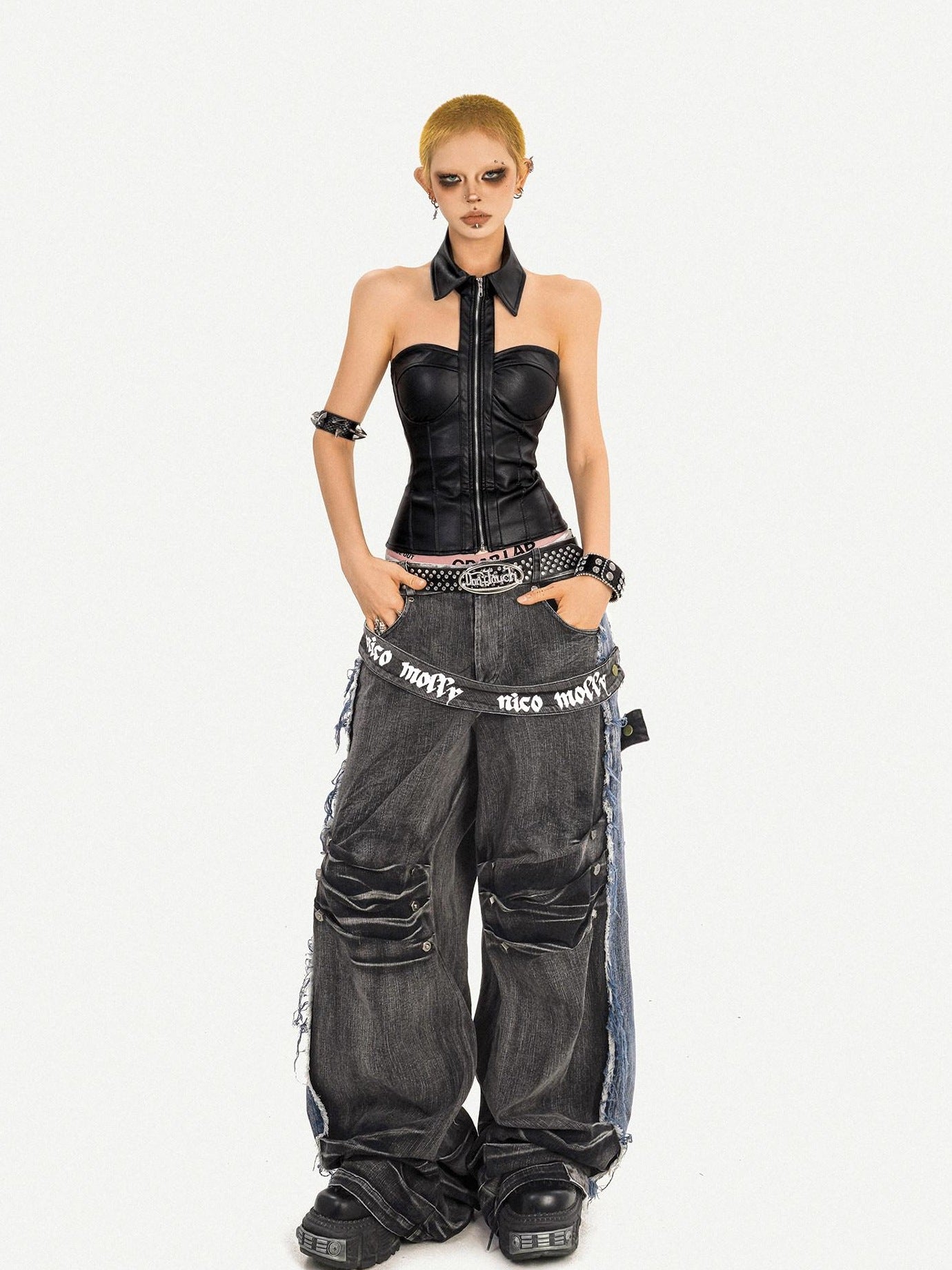 Nico Molly Pu Faux Leather Padded Zipper Crop Sexy Halter Collar Slim Women Camisoles