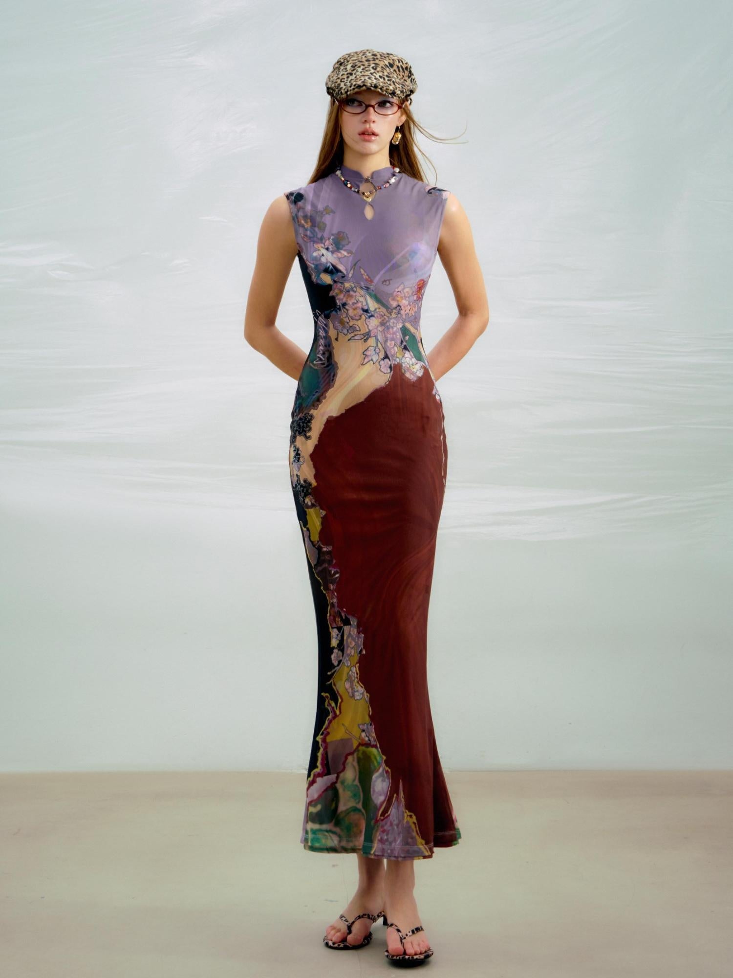 OfAkiva High Waist Floral New Chinese Style A Line Qipao Womens Tricolor Maxi Dresses