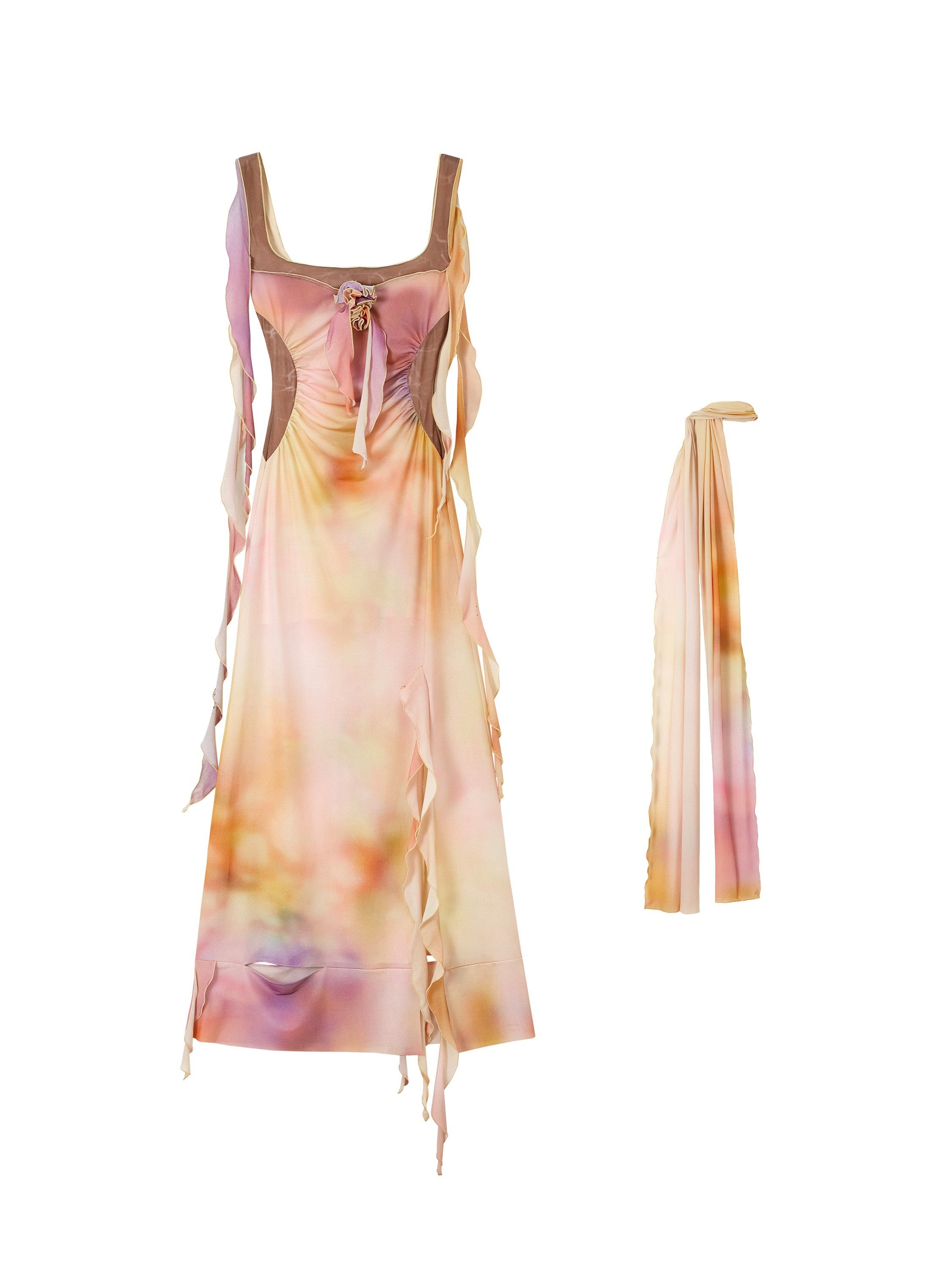 OfAkiva_High_Waist_Irregular_Knit_Strappy_Square_Neck_Casual_Yellow_Pink_Maxi_Dresses_MISSTT