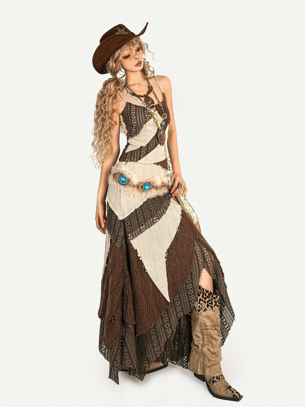 Nico Molly Fringed Knit Slim Fit Vintage Beige High Waist Casual Youth Top & Skirt Sets