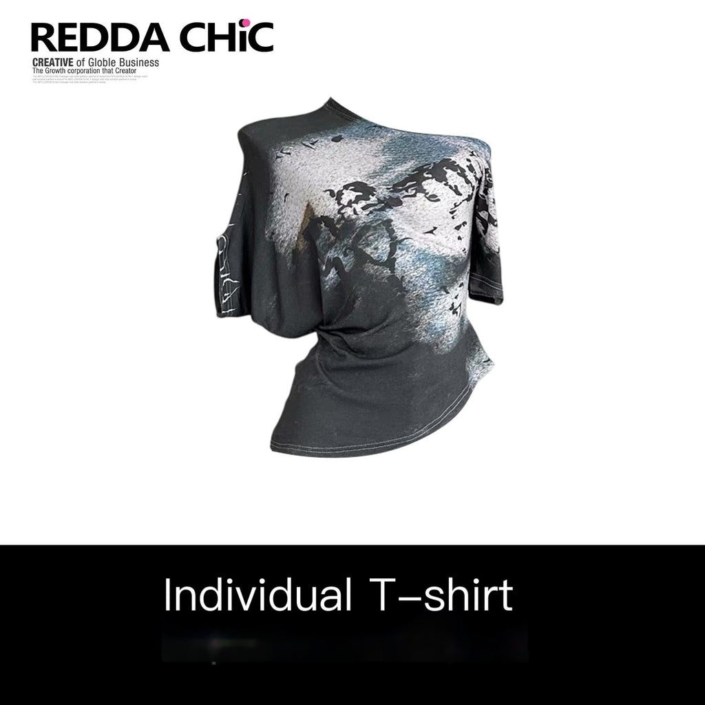 REDDACHIC_Retro_Gradient_Tiedye_Abstract_One_Shoulder_Slim_Women'S_Short_Sleeve_T-Shirts_MISSTT
